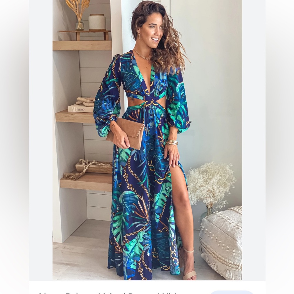 Navy Printed Maxi Dress with Cut outs